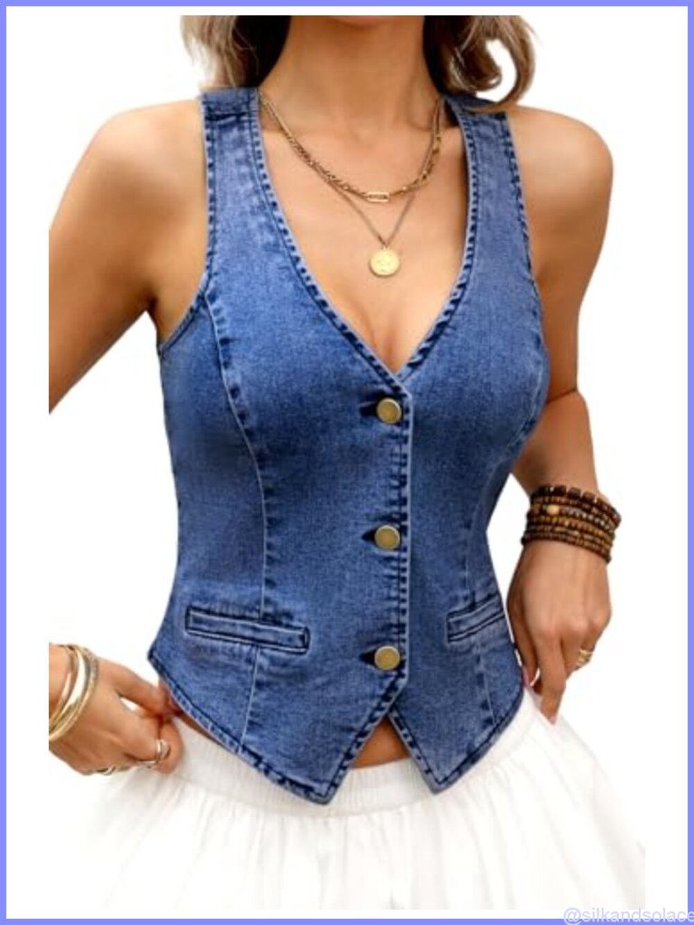 Women's Cropped Denim Vest Western Faux Pockets Stretch